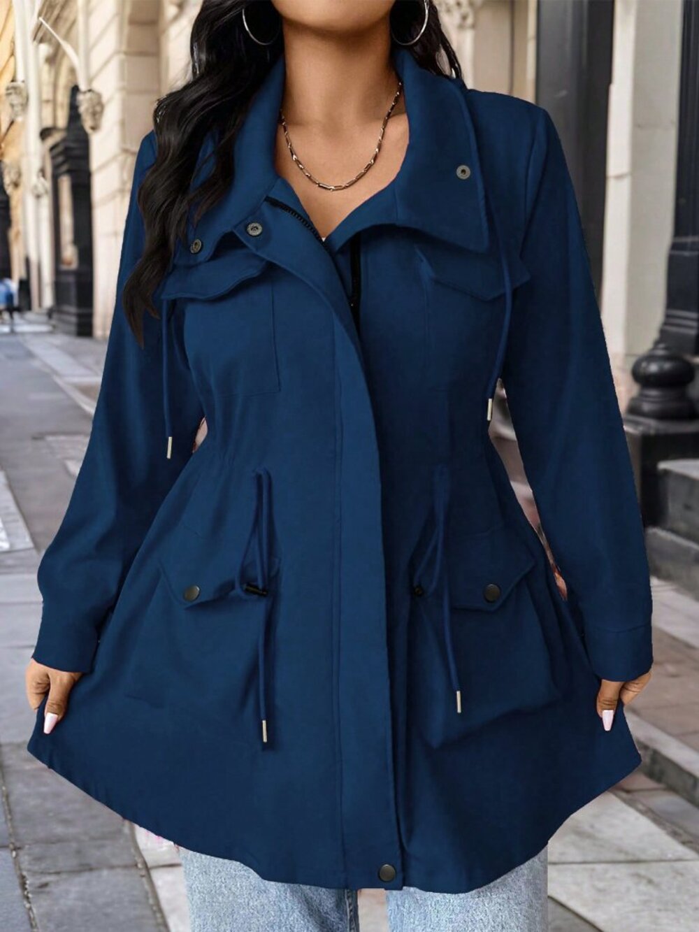 Navy Blue Casual Women's Plus Size Hooded Cinched Waist Long Sleeve Jacket - Picture 3 of 6